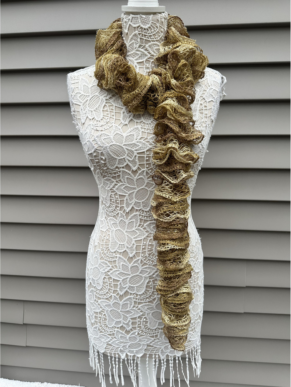 Handmade Ruffled Knit Scarf Boho Earthy Brown Cream Cottagecore Fairycore